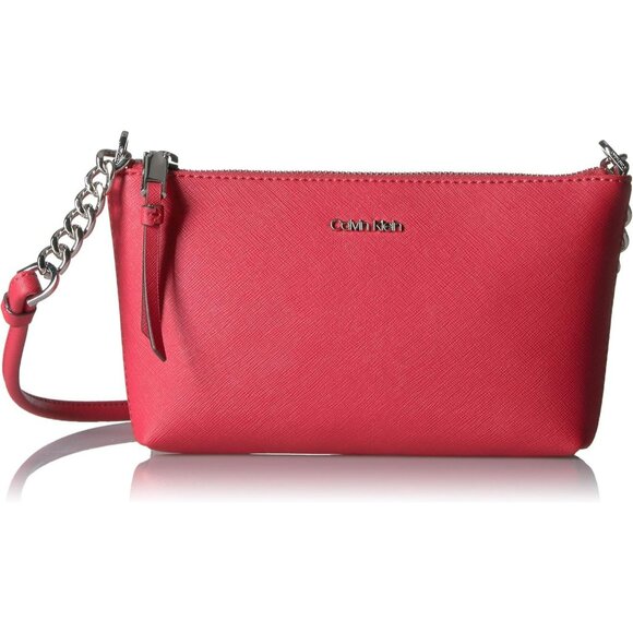 Calvin Klein Red Saffiano Leather Crossbody Bag With Silver Chain Strap - Picture 1 of 9